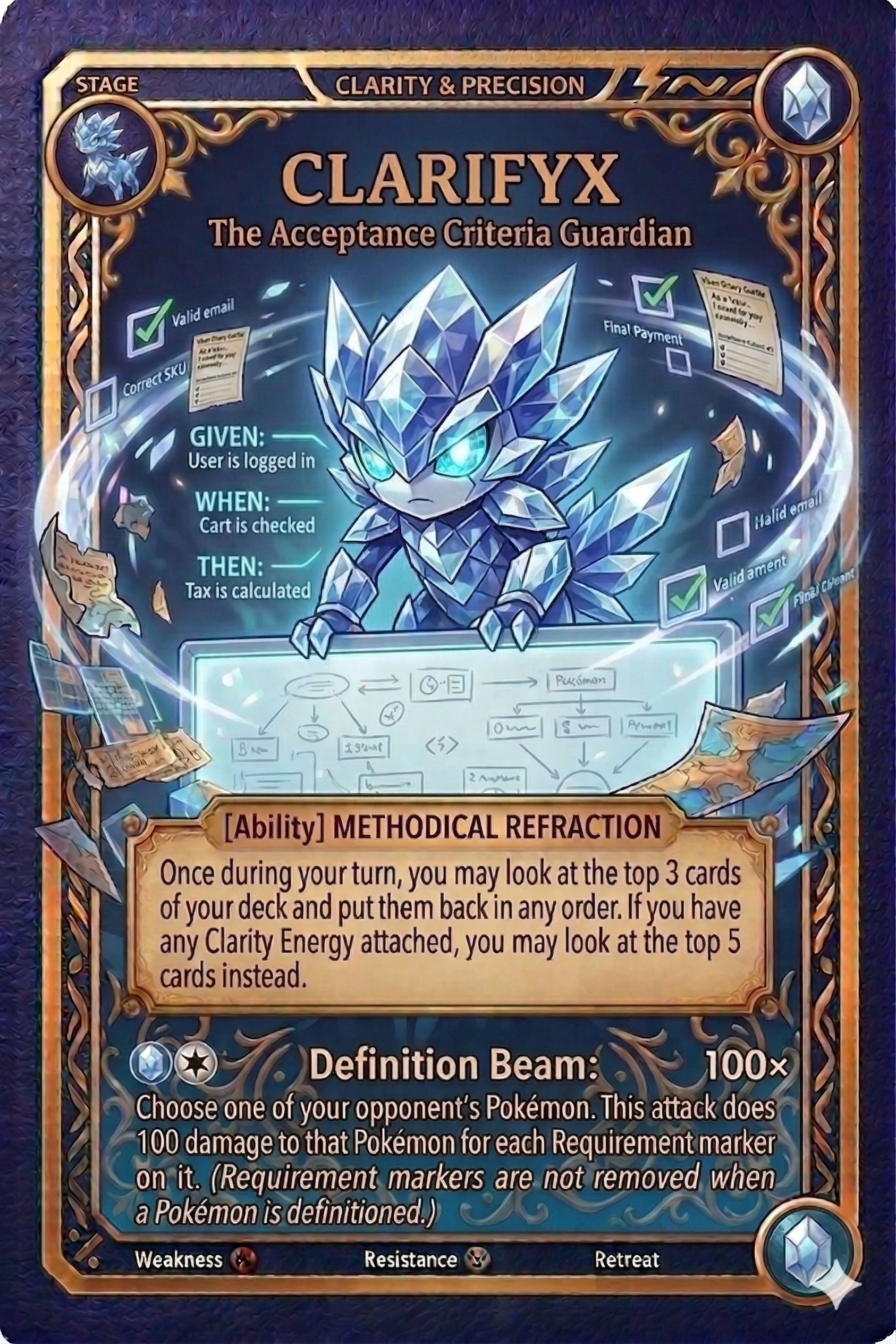 "Clarifyx, The Acceptance Criteria Guardian" trading card featuring a crystal creature.