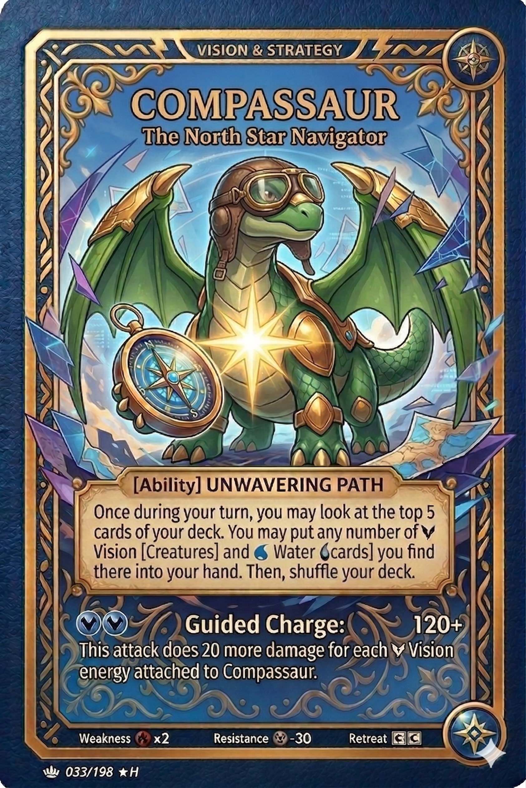 A green winged reptile wearing aviator goggles stands over a glowing compass.