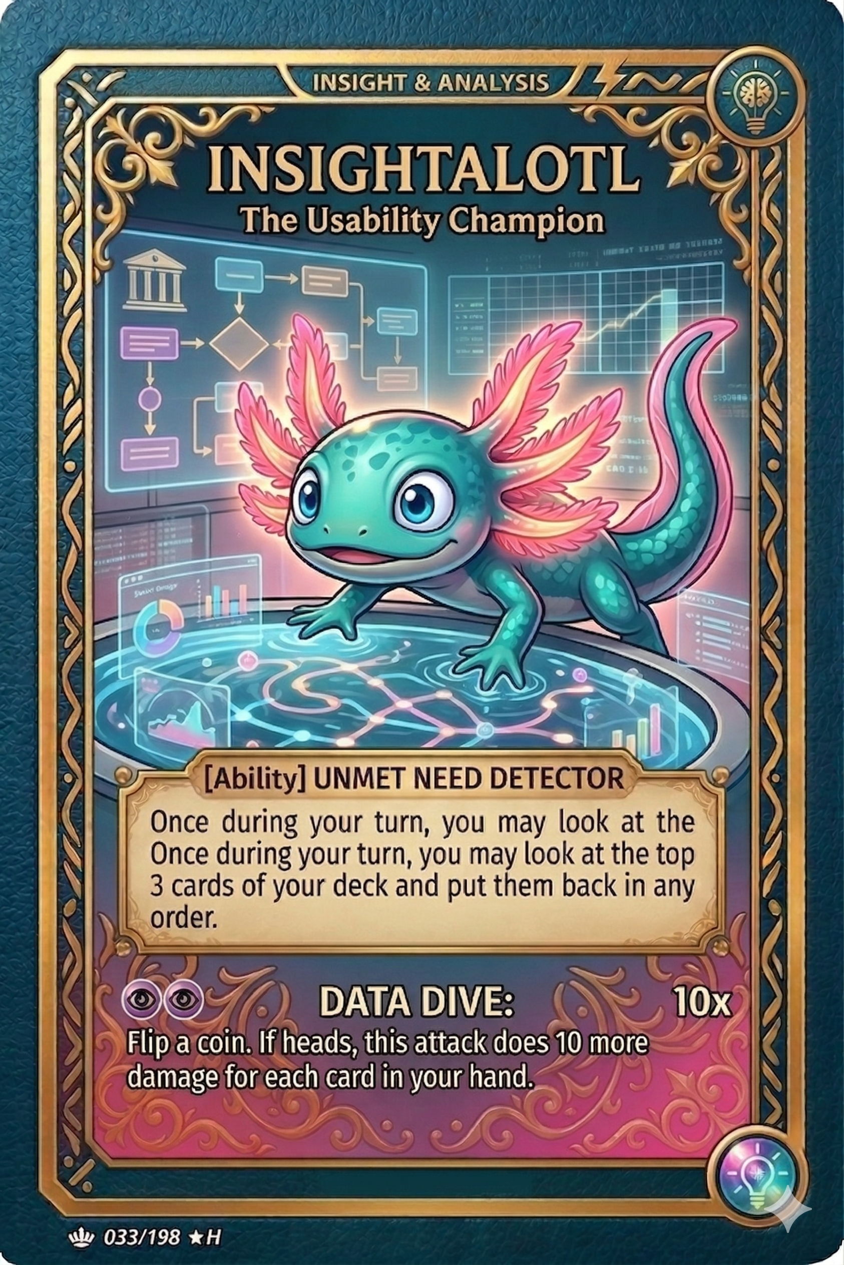 A decorative trading card featuring Insightalotl, a blue and pink axolotl analyzing data.