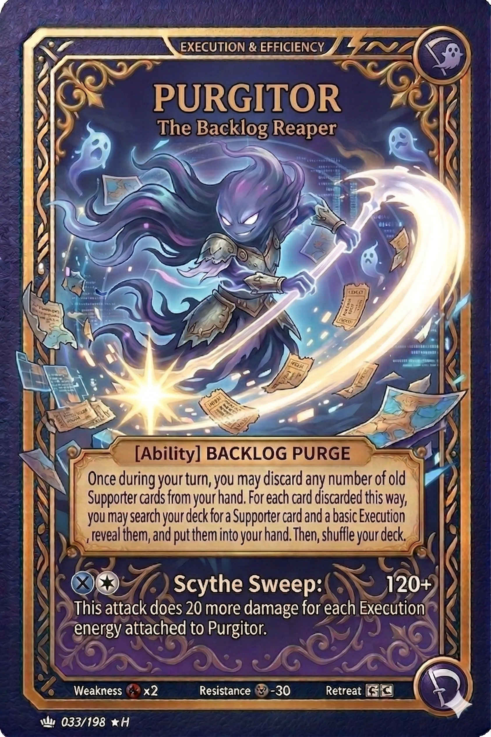 A detailed fantasy trading card for "Purgitor The Backlog Reaper."