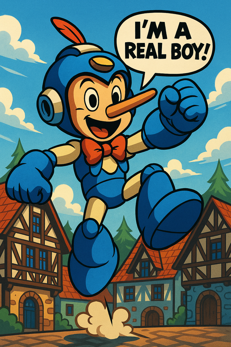 A roboti Pinocchio, jumping up in the air with a German village in the background.  yelling “I’m a real boy”