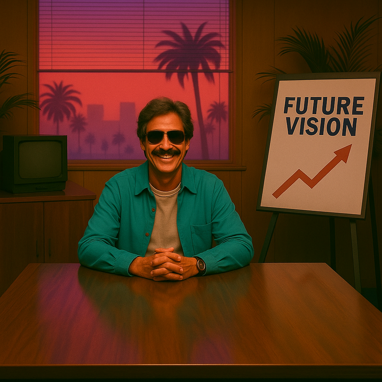 Man in retro office smiles confidently under “Future Vision” sign, with sunset skyline behind.