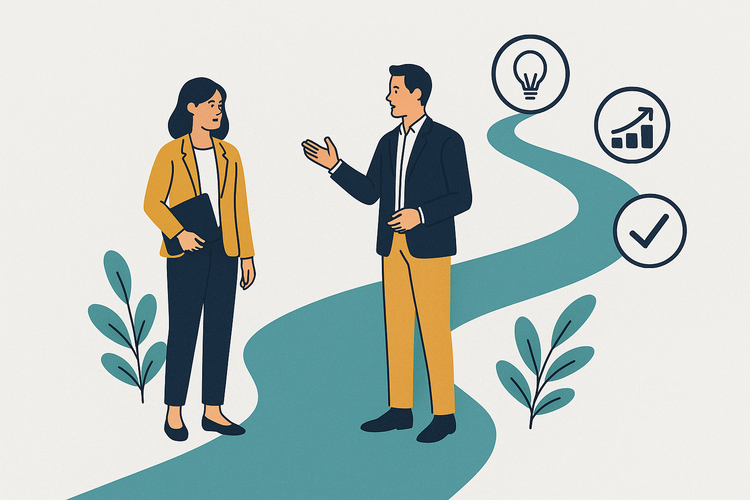 A man and woman talk on a path to growth.