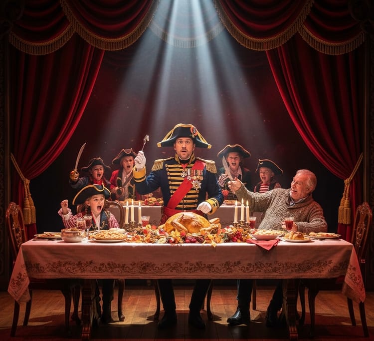 Major General at Thanksgiving table under spotlight as kids in pirate costumes cheer.