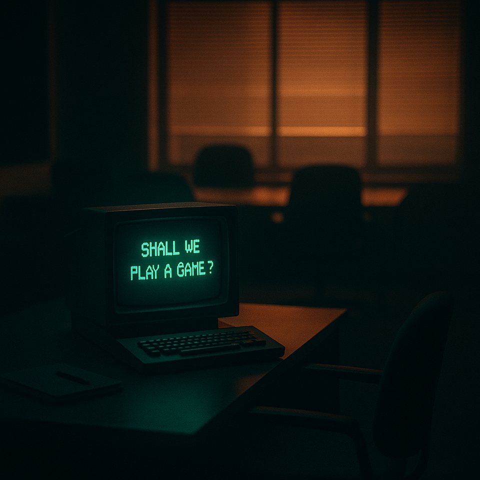 A dim 1980s office with an empty chair and a glowing monitor reading ‘Shall we play a game?’
