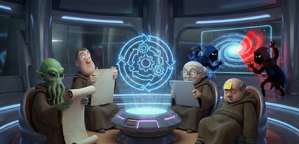 Four robed jedi like figures study a holographic chart as cloaked shadows loom in the background.