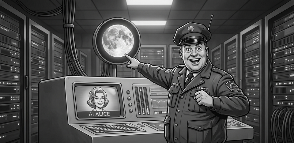 Uniformed man points to moon in data center, AI woman on monitor in a data center.