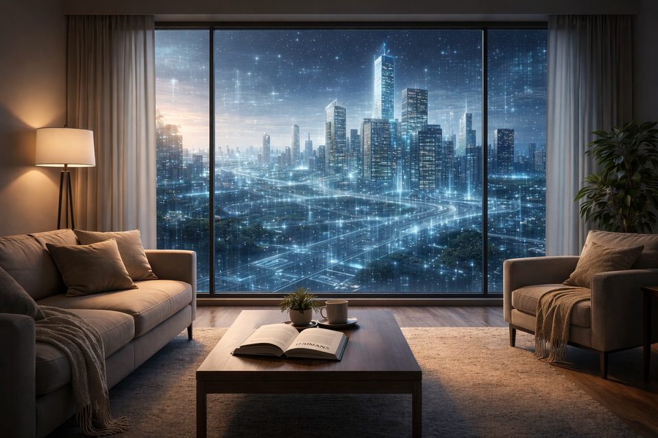 A modern living room facing a subtly digital cityscape through a large picture window.